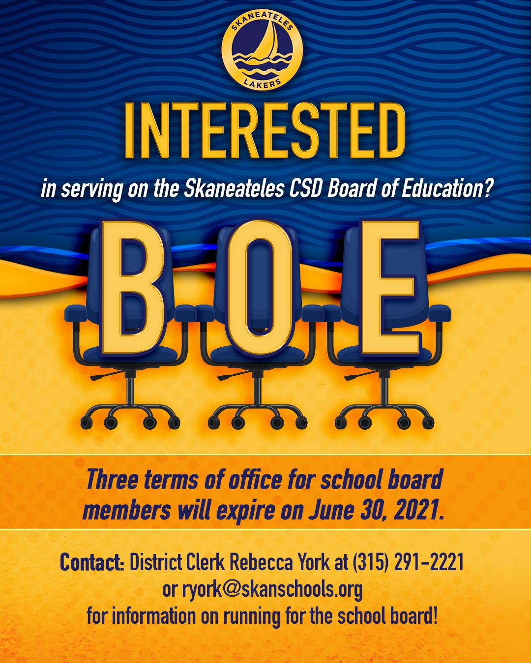 Interested in serving on the Skaneateles CSD BOE? Contact District Clerk Rebecca York at 315-291-2221 or ryork@skanschools.org for more information