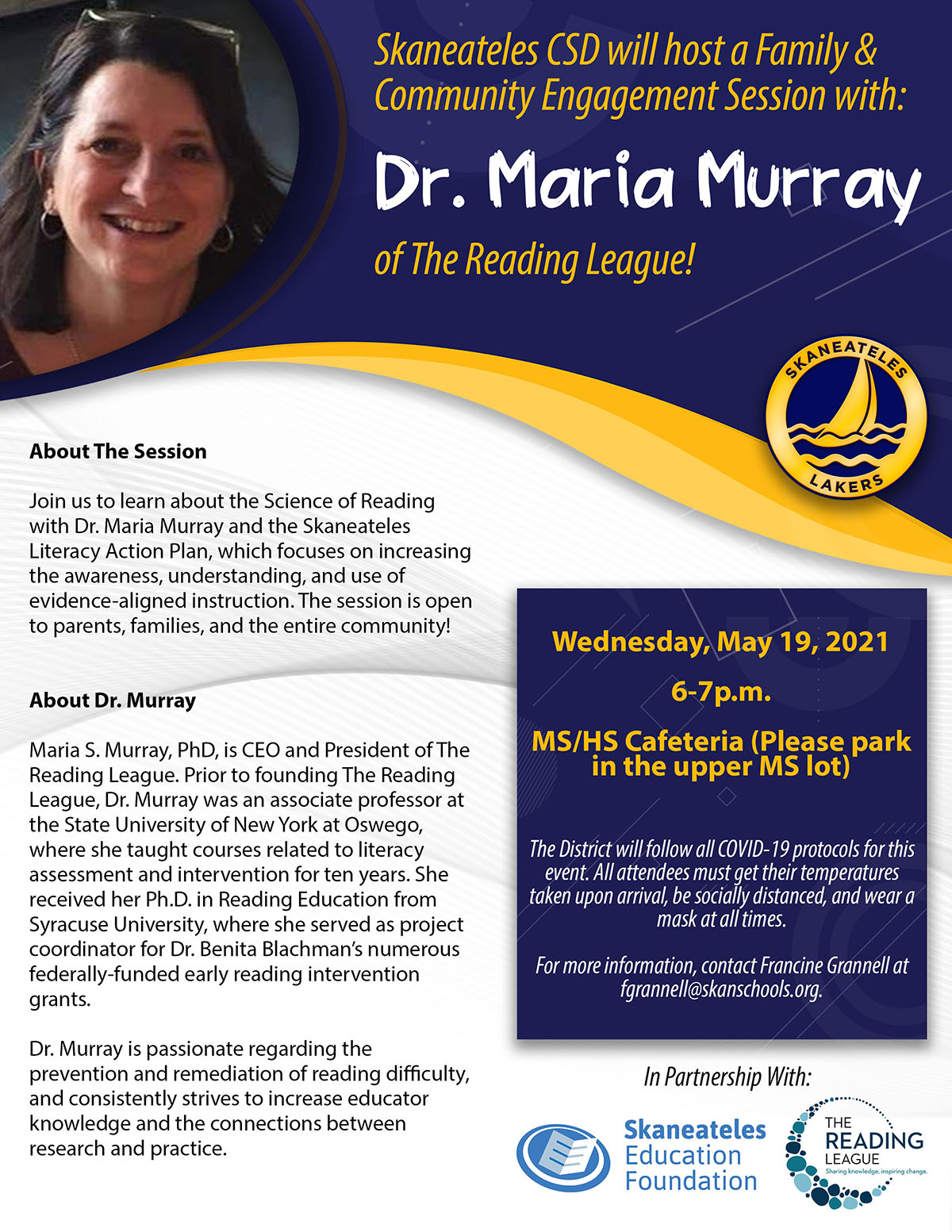 Skaneateles CSD is hosting a Family and Community Engagement Session With Dr. Maria Murray of The Reading League!