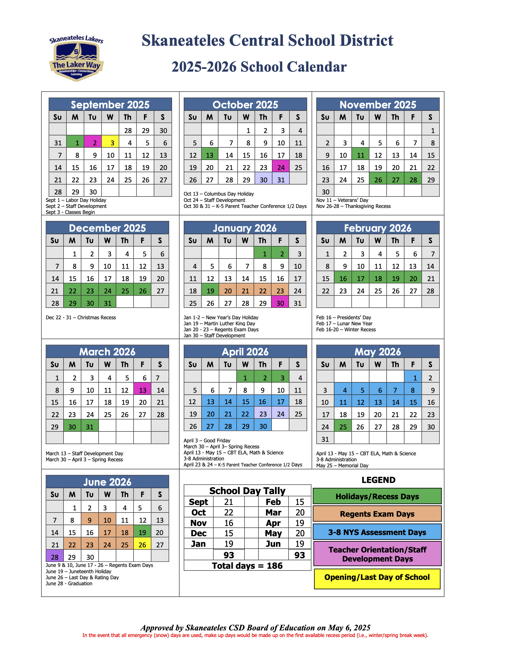 2025-2026 Skaneateles CSD Calendar